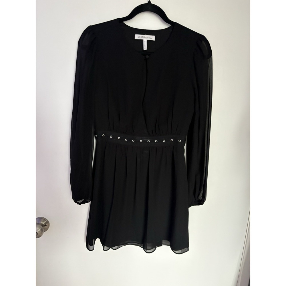 BCBG Generation Black Mini Sheer Sleeve Gromit Detailed Waist Flare Lined Sexy 4